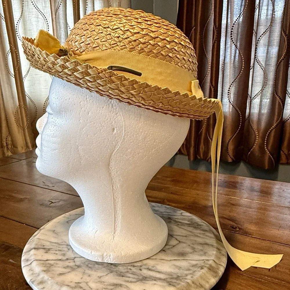 VTG 60s MCM Child Straw Hat Yellow Ribbon Floral Flower Girl
